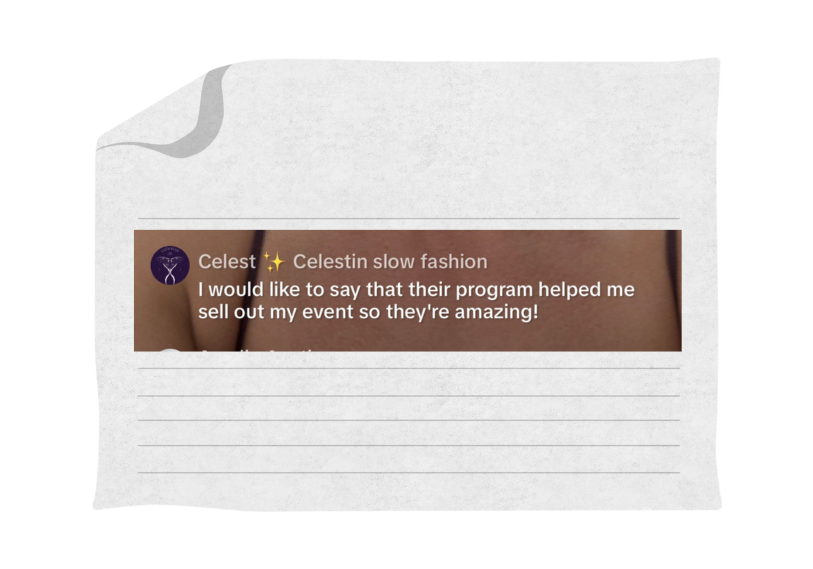 Sellout event success story shared by client Celest, highlighting Birdcage™ Angel Advisors' marketing support.